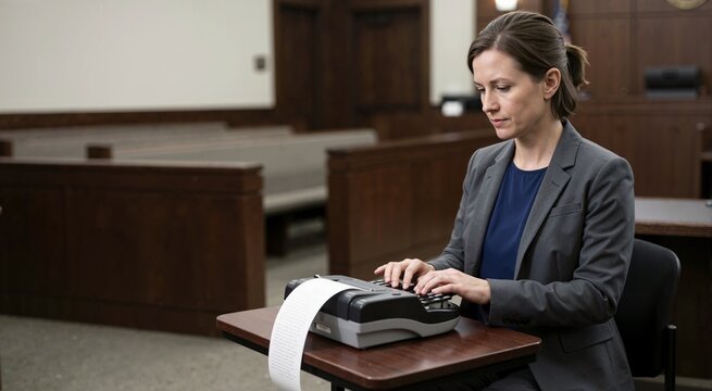 Court reporter typing on stenography machine. Legal procedures and justice administration