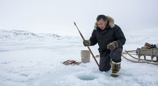 Inuit ice fishing with harpoon. Winter fishing and traditional subsistence