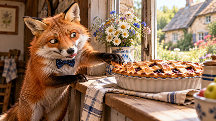 Fototapeta premium Whimsical storybook-inspired scene of a curious red fox reaching toward a freshly baked cherry pie on a rustic wooden table beside a sunlit cottage window