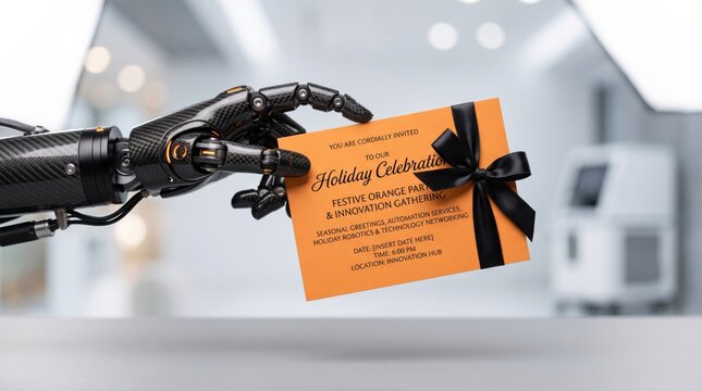 A robotic hand holds an orange holiday celebration invitation card with a black ribbon in a modern, blurred office setting.