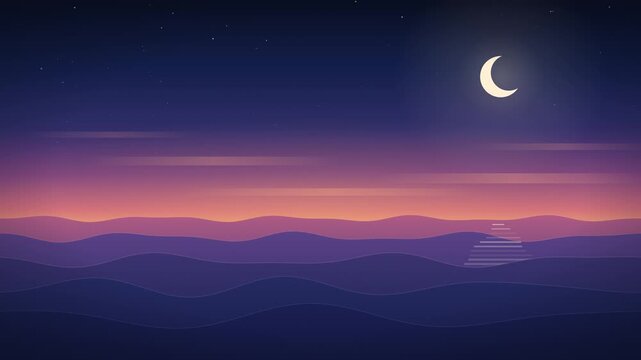 Twilight Ocean Waves With Crescent Moon Seamless Loop Background
