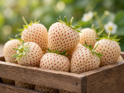 Freshly harvested white pineberries in a rustic wooden crate with a soft natural garden background