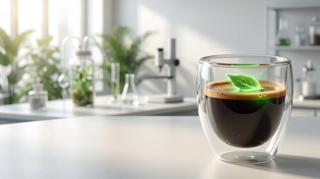 Glowing bioluminescent leaf floating in coffee cup with blurred bright clean laboratory background