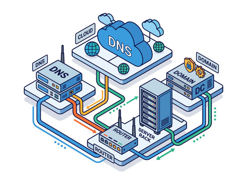 DNS server architecture diagram showing domain name system routing through a central router in a vector graphic.