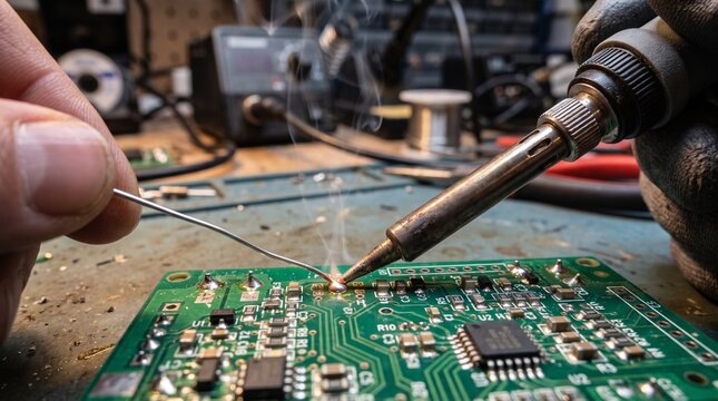 Technician's hands soldering electronic components on a circuit board