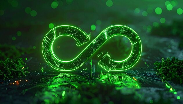 Glowing green neon infinity symbol made of arrows representing circular economy and sustainability