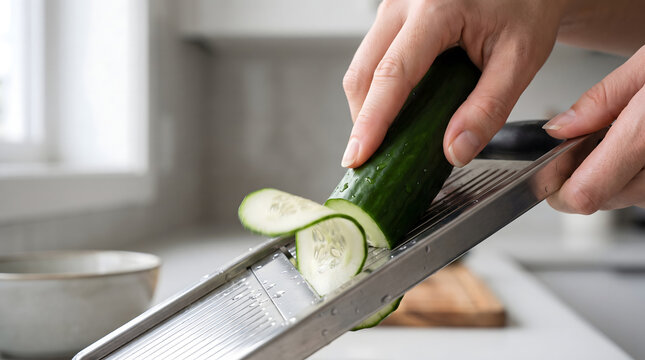A person slices a green cucumber using a stainless steel mandoline slicer indoors.