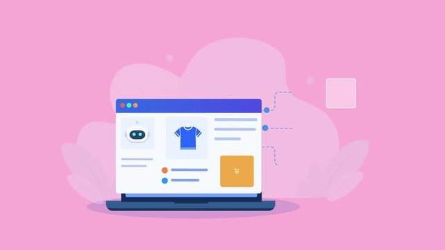 Flat vector animation showing a laptop ecommerce interface with clothing, shopping cart, package, delivery, and verification icons for online retail workflows.