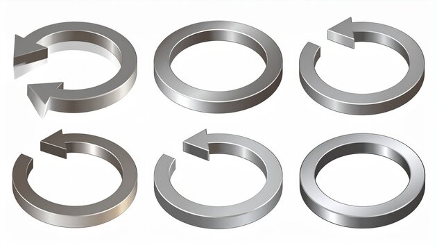Set of six metallic 3d infinity loop arrow icons for circular economy and recycling concepts