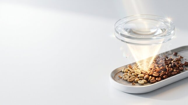 Floating smart glass lens roasting coffee beans with sunlight on bright minimalist background