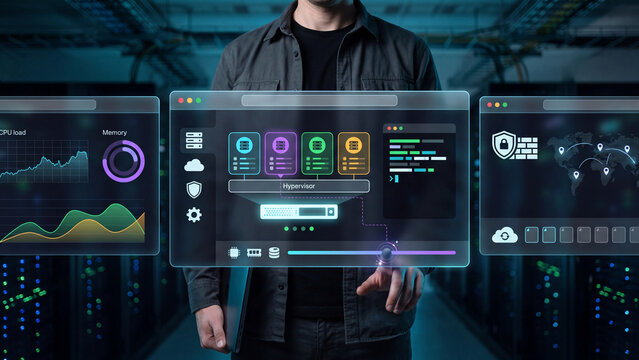 Data center server racks, VPS and cloud technologies, hypervisor, dashboards and analytics.