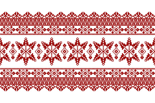 Red and white horizontal folk textile border pattern featuring repeating geometric, diamond, floral, and ornamental motifs arranged in multiple decorative bands on a white background.