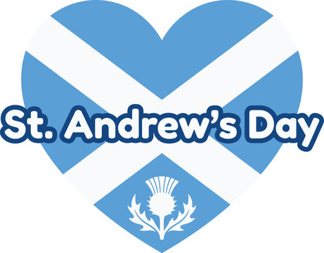 Heart shaped scottish flag with st andrews day text and a white thistle on a blue and white saltire background