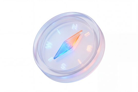 Close-up of a modern compass with a glowing needle on a white background.