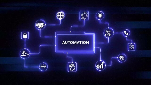 Glowing&nbsp; neon&nbsp; Industrial business process automation and digital workflow technology graphic loop&nbsp; icon on&nbsp; interface background. 4k video&nbsp;