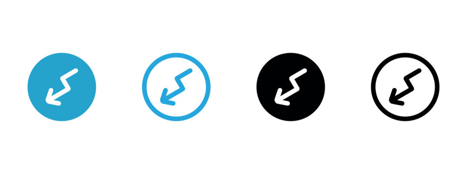 Downward trend arrow icon set, market drop and financial loss circle symbols for business UI interface