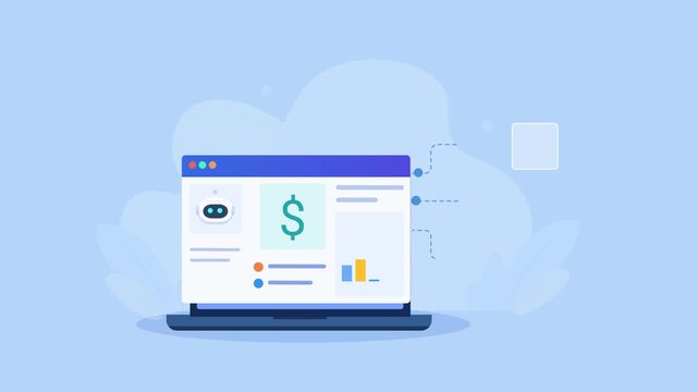 Flat vector animation showing a laptop with financial analytics, dollar value, bar chart, document, and verification icons for business reporting and performance tracking.
