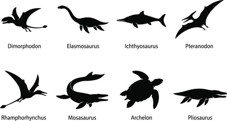 Prehistoric Marine Reptile and Flying Pterosaur Dinosaur Silhouette Vector Collection for Science Graphic Design Projects © GeetaRani