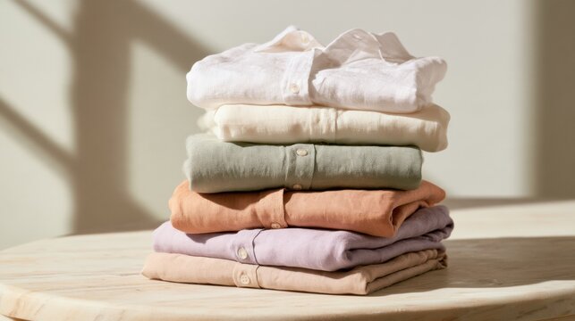 A stack of six linen shirts is neatly arranged on a marble surface.