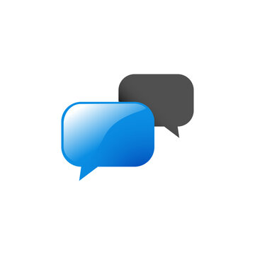 Glossy blue and dark gray overlapping speech bubbles symbolizing conversation, messaging, dialogue, and communication for apps or digital platforms.