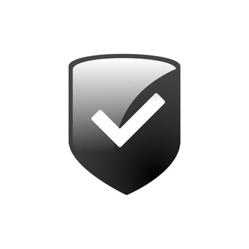 Glossy black shield with white check mark, modern vector design symbolizing protection, safety, trust, and verification concepts.