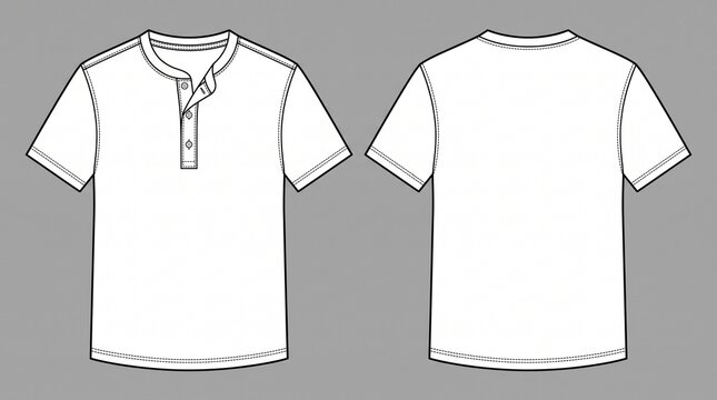 Henley t-shirt technical flat sketch vector template. Front and back views of short sleeve shirt with button placket collar. Garment design outline for apparel manufacturing and production.