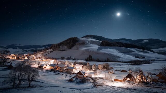 Christmas lights shine on tree and house roofs in snowy village. Cold night snow surrounds mountain landscape. Glowing village lights illuminate snow fields, houses and decorated trees.