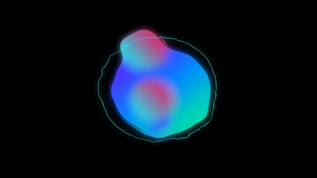 Abstract cybernetic fluid plasma sphere with neon blue magenta and cyan gradients glowing against a dark black background featuring a thin wavy cyan electric outline and amorphous core.