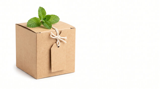 Kraft paper tea box with fresh mint leaf and blank gift tag on white background