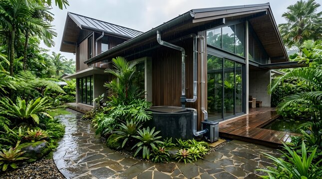 A contemporary wooden house with large glass and a stone path surrounded by dense tropical vegetation under rainy weather