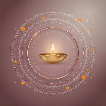 Diwali festival greeting background with a glowing oil lamp. Traditional rangoli circle mandala