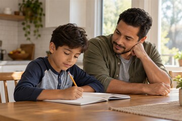 Fototapeta premium Father supporting his son with homework at the kitchen table