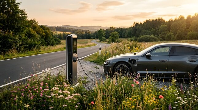 An electric vehicle is plugged into a charging station beside a paved road  with vibrant wildflowers in the foreground and rolling hills in the background under a warm sunset sky