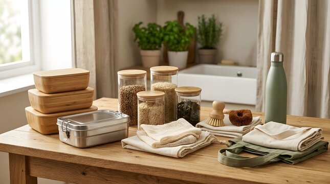 On a wooden table  various sustainable kitchen items are arranged  bamboo boxes  glass jars filled with dried goods  cloth towels  a metal lunchbox  and a reusable water bottle