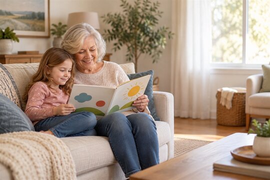 Grandmother and granddaughter reading together on a sofa