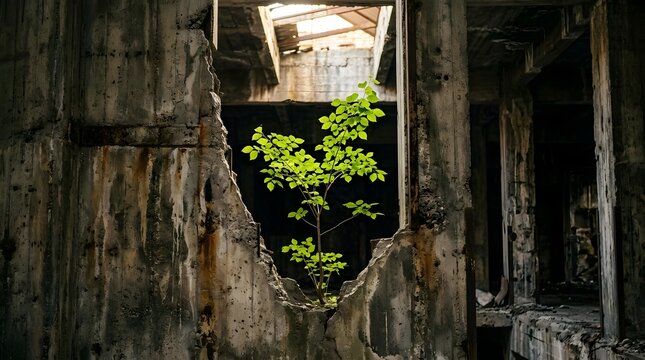 A vibrant green sapling emerges from a jagged hole in a weathered concrete wall inside a derelict industrial building  surrounded by rusted metal and crumbling structures