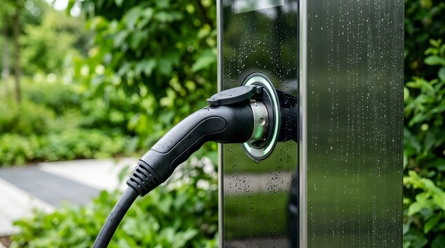 A close up of a black electric vehicle charging cable plugged into a metallic charging station  with visible water droplets and a blurred green garden in the background