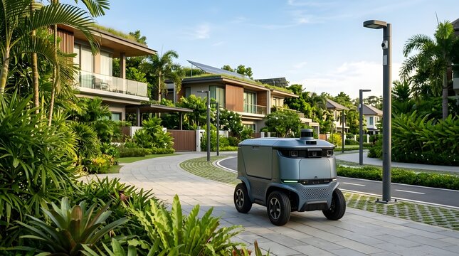 A compact  futuristic delivery robot moves along a curved sidewalk in a well maintained tropical residential area featuring modern architecture and abundant vegetation