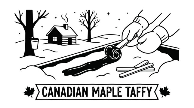 Very beautiful black and white vector illustration of Canadian maple taffy being rolled on fresh snow with maple syrup, wooden sticks and simple winter sugar shack elements, CANADIAN MAPLE TAFFY, isol