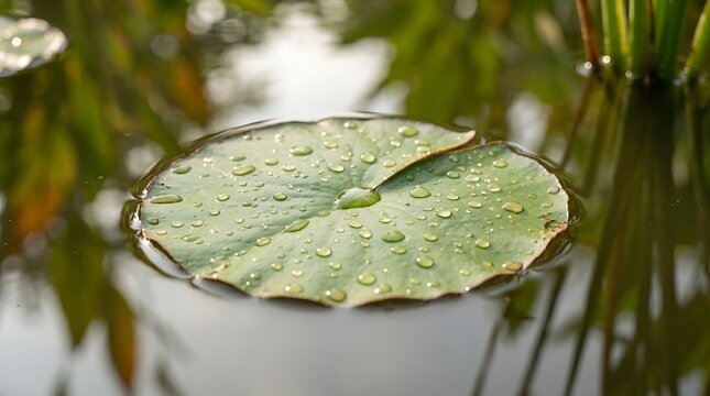 A detailed view of a round green lily pad resting on still water  dotted with clear water droplets  with out of focus reeds and foliage in the background
