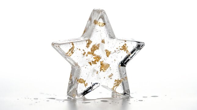 Star shaped clear ice block with trapped gold leaf flakes and melting water droplets pooling on white surface