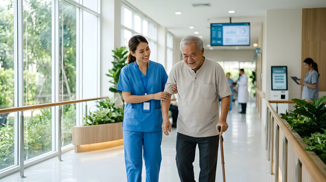 A healthcare worker supports an elderly man using a cane while walking through a modern hospital hallway featuring large glass and indoor plants