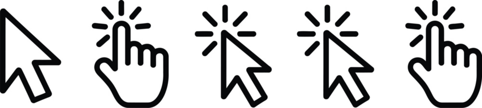 Cursor pointer icons, mouse click loading symbols for UI design web navigation computer interfaces digital controls buttons and technology applications
