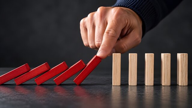Hand halting red domino effect demonstrating proactive business defense and financial risk interruption