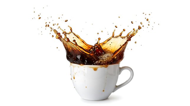 White ceramic coffee cup overflowing with a dynamic dark coffee splash and flying droplets isolated on a clean white background