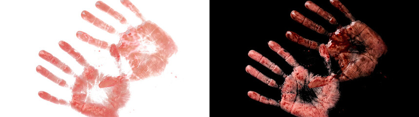 Handprint of two bloody red palms with fingers spread for horror and crime designs in PNG, Transparent and Black Background Versions © Tanay