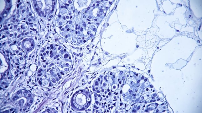 Microscopic view of stained human tissue cells with purple nuclei and glandular structures under a microscope for pathology and medical research