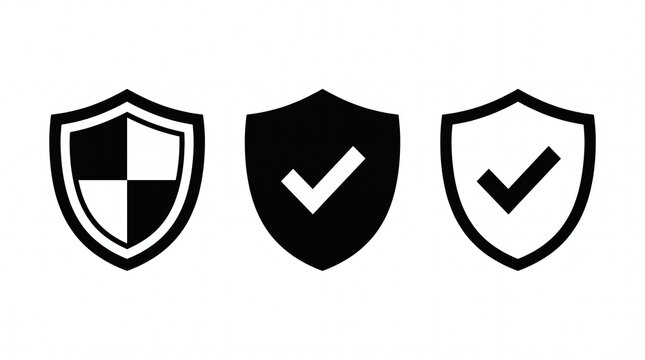 Security shield icons with checkmark and checkered pattern, safety and protection symbols