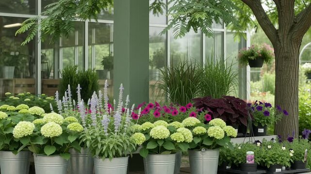 Potted flowers and hydrangeas sway in breeze at garden center