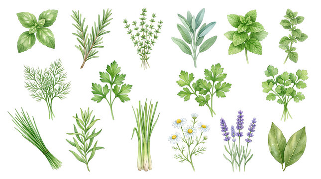 Collection of Various Fresh Botanical Herbs and Greenery for Culinary and Medicinal Use with Vibrant Green Shades